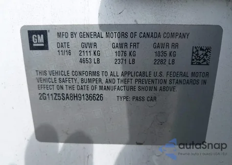 2017 Chevrolet Impala Ls z USA, uszkodzony, nr VIN 2G11Z5SA8H9136626